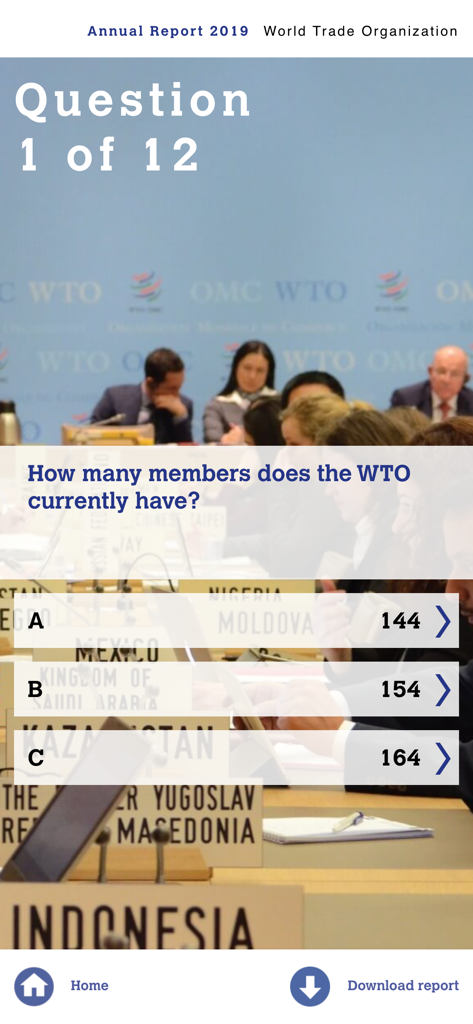 Screenshot of a quiz interface in the WTO app asking how many members the organization has
