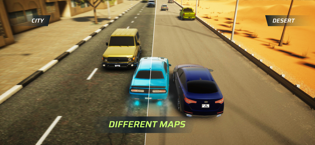 Crazy Line Driver - 3D - Split screen showing city and desert racing maps in Crazy Line Driver 3D