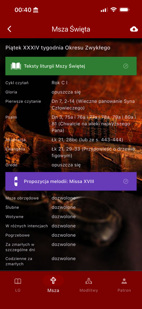 Brewiarz app screen showing liturgical texts and readings for Holy Mass in Polish