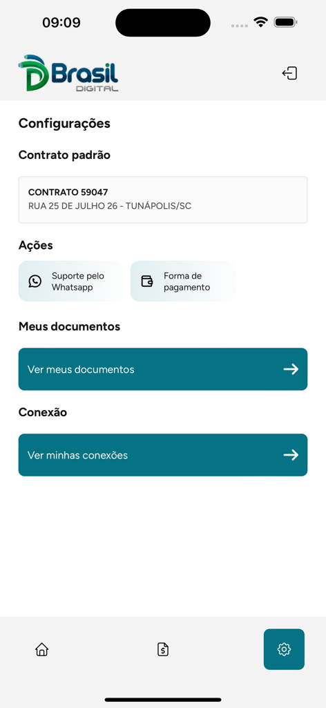 Brasil Digital Telecom app settings screen showing contract details and support options