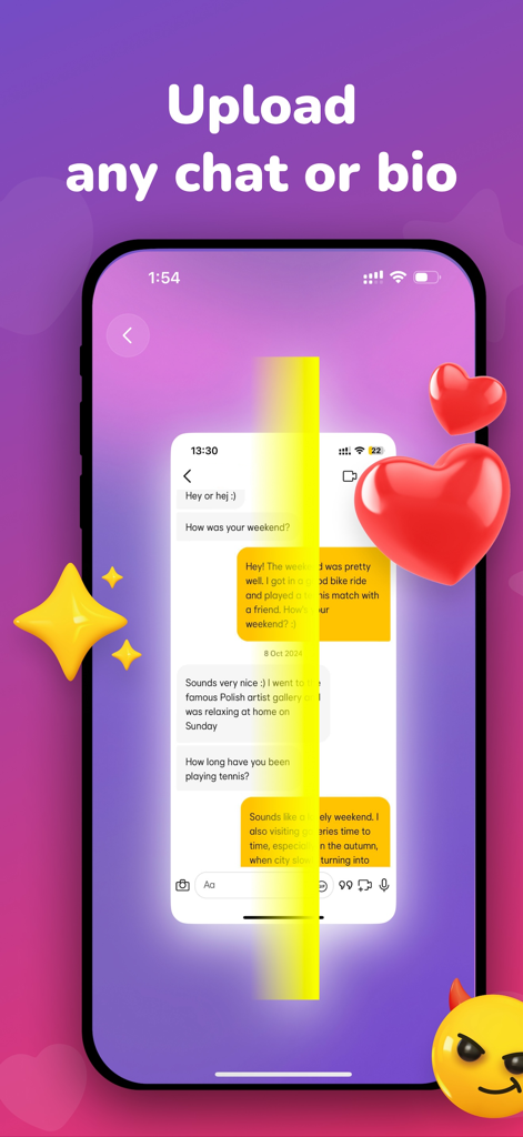 Interfaz de la app Asistente de Citas IA que muestra la función de carga de chat con una animación de escaneo sobre una conversación de citas