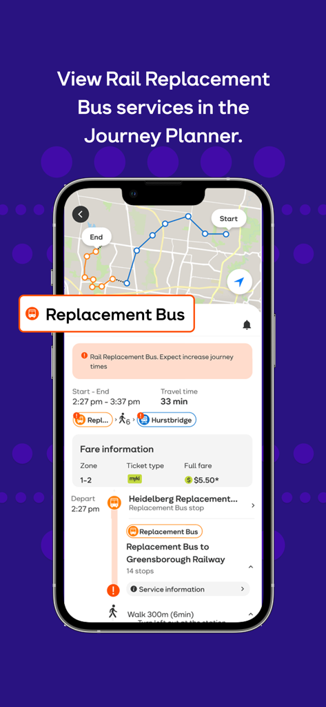 Un smartphone que muestra el planificador de viajes de la aplicación PTV con una ruta de autobús de reemplazo de tren, información de tarifas y tiempo de viaje en un mapa.