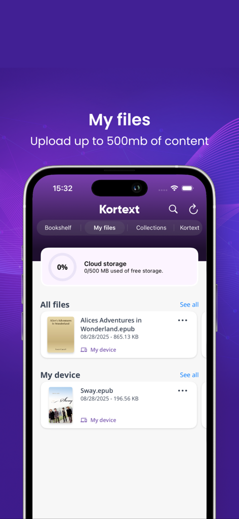 Kortext - Kortext app interface showing the My Files screen with 500MB cloud storage for uploaded study materials.