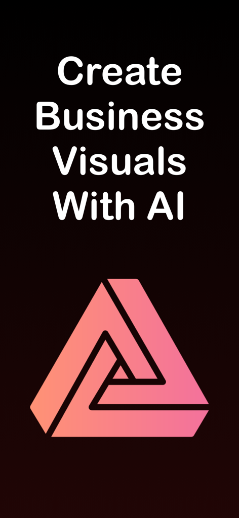 Presentation Maker - PresentAI - PresentAI 스플래시 화면, AI로 비즈니스 시각 자료 생성 텍스트와 분홍색 그라데이션 삼각형 로고 포함