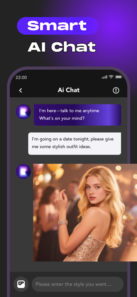 AI ReFace: Face Swap & AI Art - Screenshot of the Smart AI Chat feature in the AI ReFace app showing a user asking for date outfit ideas and receiving an AI generated image of a stylish woman in a dress.