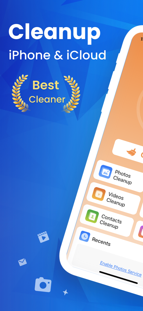 Phone Cleanerアプリのインターフェース。写真、動画、連絡先のストレージ最適化機能を表示。