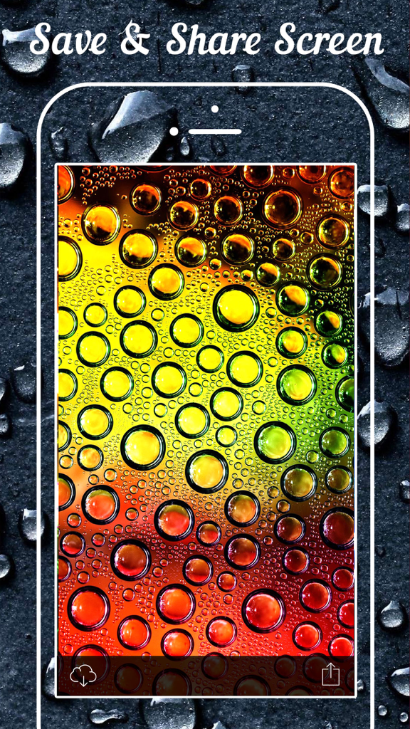 3D Wallpapers & Backgrounds - 3D lock screen Theme - iPhone preview of a colorful 3D water droplet wallpaper within the app interface showing save and share options