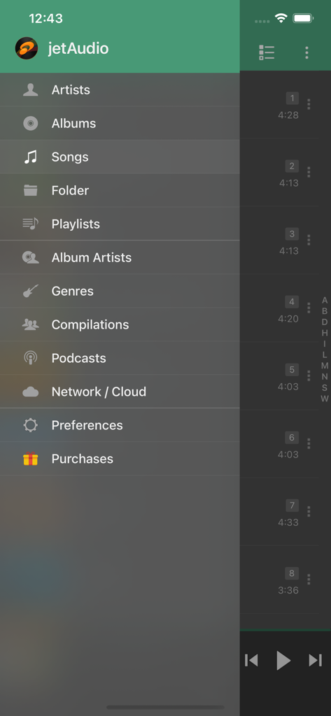 Sidebar navigation menu in jetAudio Hi-Res Music Player showing music categories and network settings