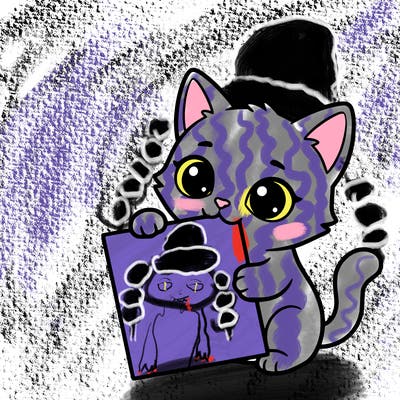 a small cat with a blank sheet of paper in its hand. the cat is sooooooo cute!