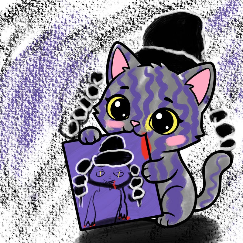 a small cat with a blank sheet of paper in its hand. the cat is sooooooo cute!