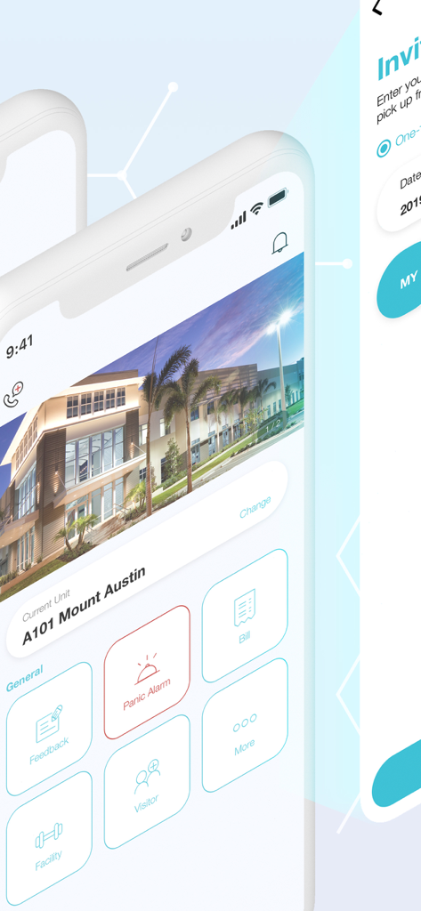 iCARES Smart Community - Dashboard of iCARES Smart Community app showing icons for panic alarm, billing, and visitor management