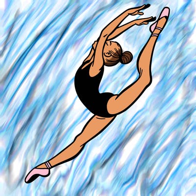 gymnast doing a leap in a leotard with a bent back leg