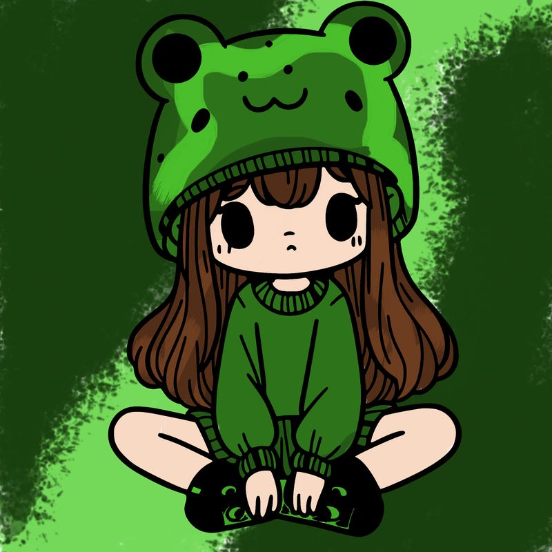 a girl wearing a frog hat and some frog socks