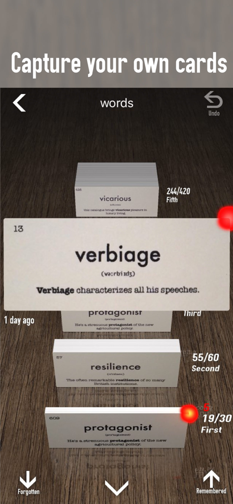 mem - A digital flashcard interface showing vocabulary words like verbiage and resilience organized by the Leitner system in the mem app.