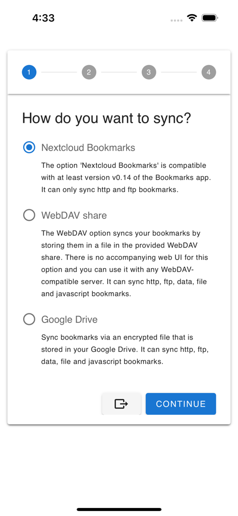 floccus - Pantalla de configuración para elegir un método de sincronización de marcadores en la aplicación Floccus Companion