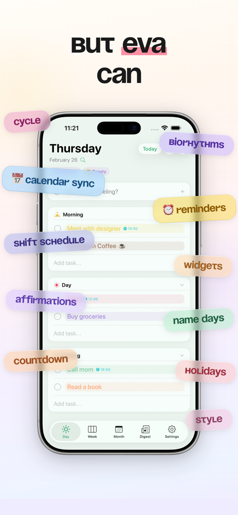 Calendar & Daily Planner - Eva - Die Eva App-Oberfläche zeigt einen Tagesplaner-Bildschirm mit schwebenden Blasen, die Funktionen wie Zyklusverfolgung, Biorhythmen und Schichtpläne hervorheben.