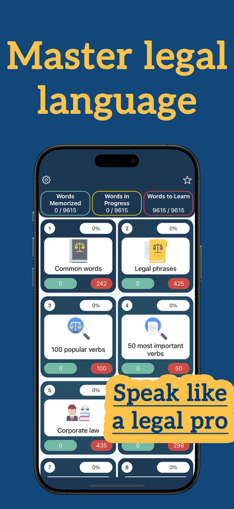 Legal English: Learn Words - Tableau de bord de l'application d'apprentissage de l'anglais juridique affichant diverses catégories de vocabulaire juridique et des statistiques de suivi des progrès