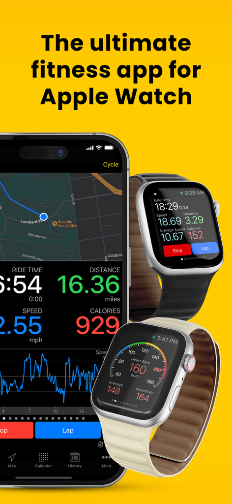Cyclemeter Cycling GPS Tracker - Interface do aplicativo Cyclemeter exibindo estatísticas e mapas de ciclismo no iPhone e Apple Watch