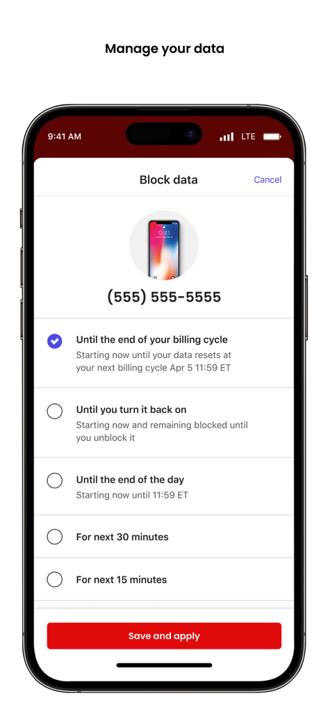 Uma captura de tela do aplicativo Minha Conta Virgin Plus mostrando opções para bloquear dados móveis por vários períodos, como até o final do ciclo de faturamento ou por um número específico de minutos.