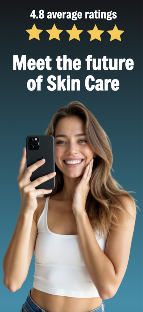 AI Skin Scanner: Skincare Time - A woman scanning her face with the AI Skin Scanner app showing a four point eight star rating