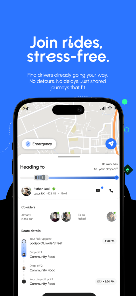 Linc Ride - Écran de l'application Linc Ride affichant les détails de l'itinéraire de covoiturage et les informations sur le chauffeur.