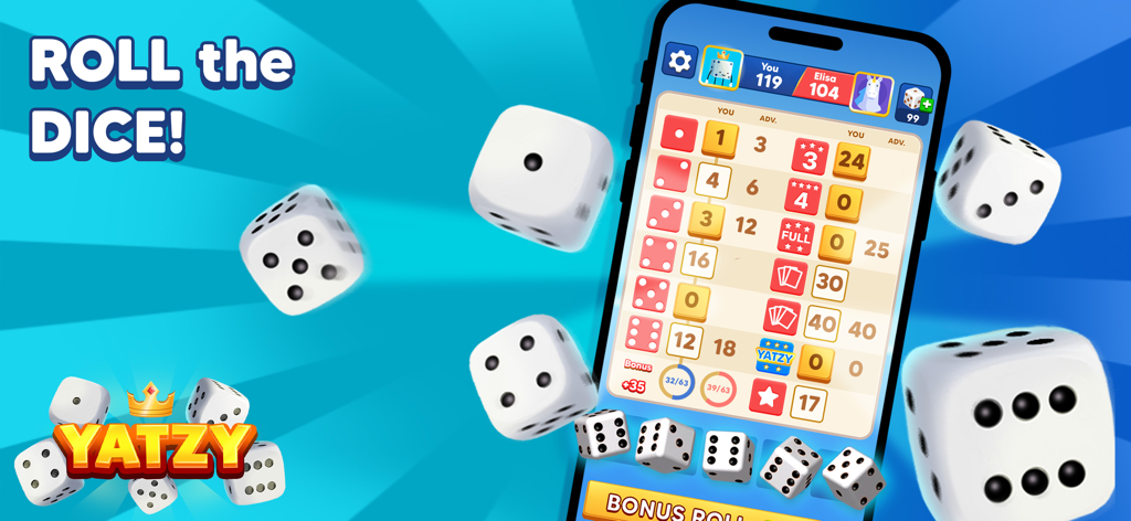 A mobile phone displaying a Yatzy Royal scorecard with dice rolling across a blue background.