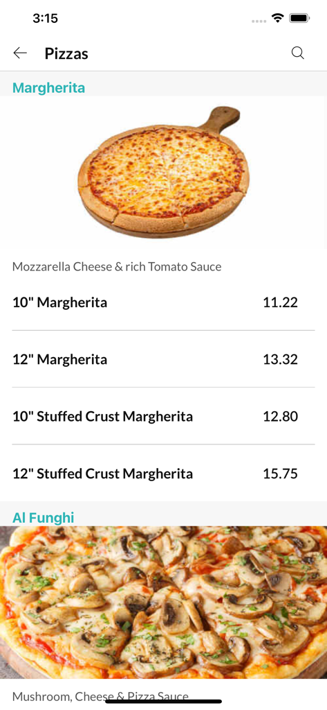 Al Capone Preston app pizza menu showing Margherita and Al Funghi options with prices