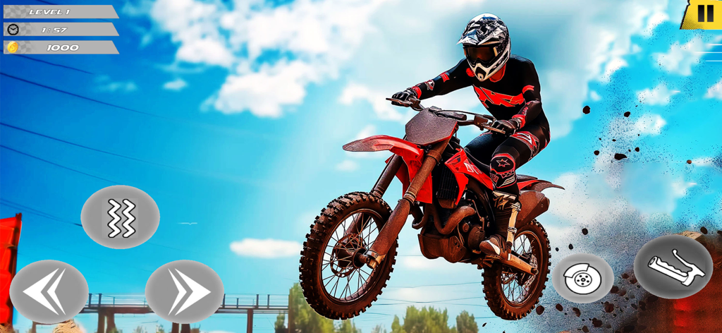 Off-road Dirt Bike Racing Game - Un motard de motocross effectuant un saut en l'air sur une moto tout-terrain rouge dans un jeu de course sous un ciel bleu.