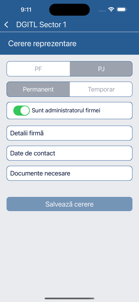 Schermata dell'app DGITL Settore 1 che mostra il modulo di richiesta di rappresentanza per persone giuridiche o fisiche.