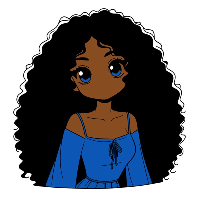 a black anime girl with long afro hair