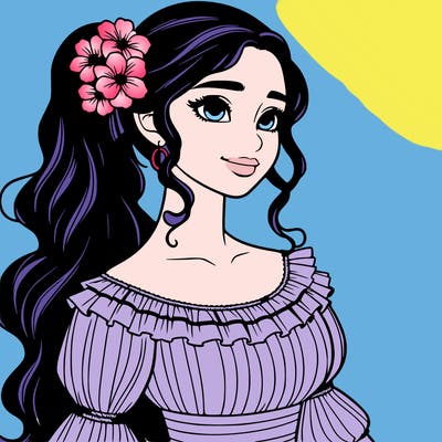a single latina woman with a side ponytail and a long dress with ruffles. she has a few discreet flowers in her hair. realistic