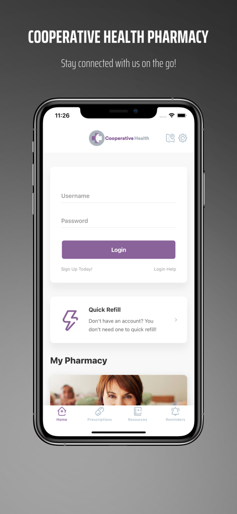 Cooperative Health Pharmacy - Cooperative Health Pharmacy mobile app login screen with quick refill feature