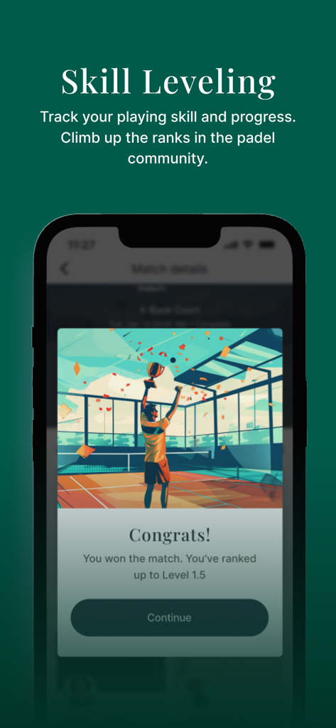 The Padel Society app interface showing a player ranking up to level 1.5 after winning a match