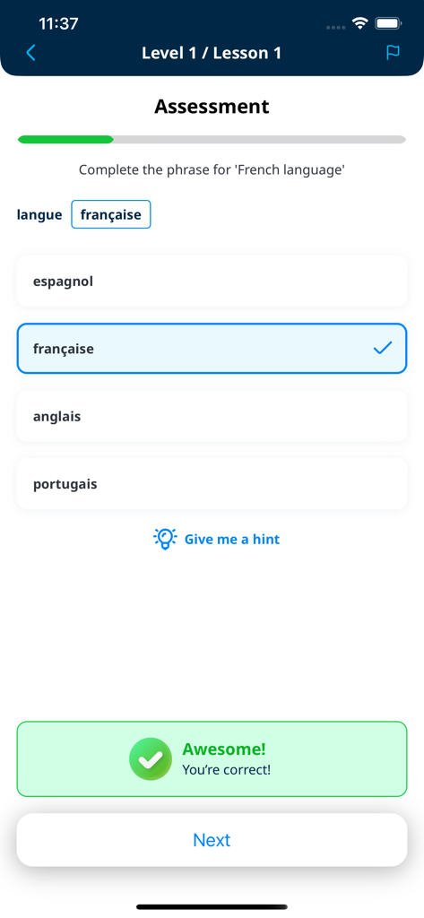 LinguaLift - LinguaLift app assessment screen showing a correctly answered multiple choice question for a French language lesson.