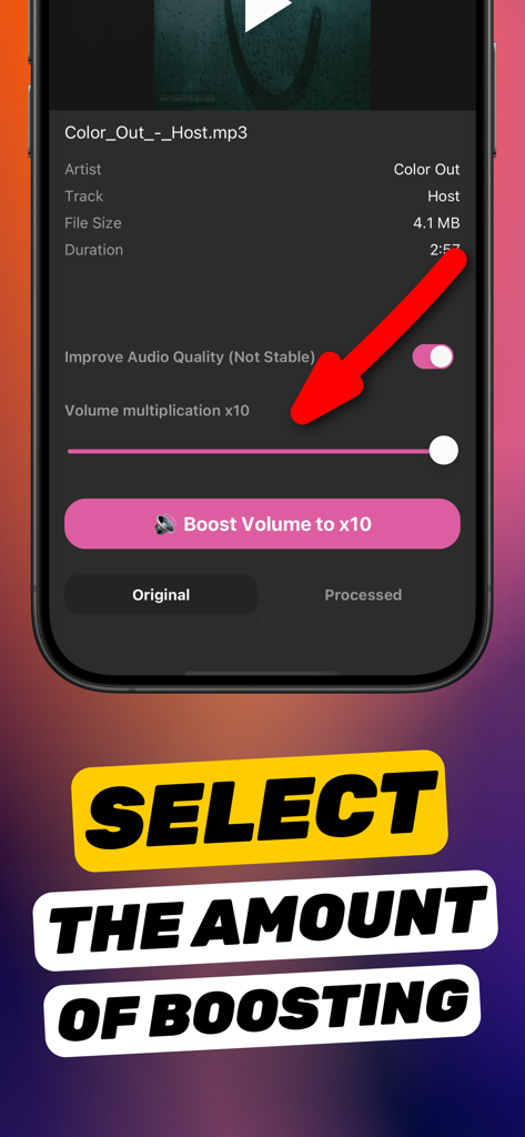 Increase Volume Sound - Interface de l'application Augmenter le Volume Sonore montrant un curseur pour sélectionner le niveau d'amplification audio jusqu'à 10x.