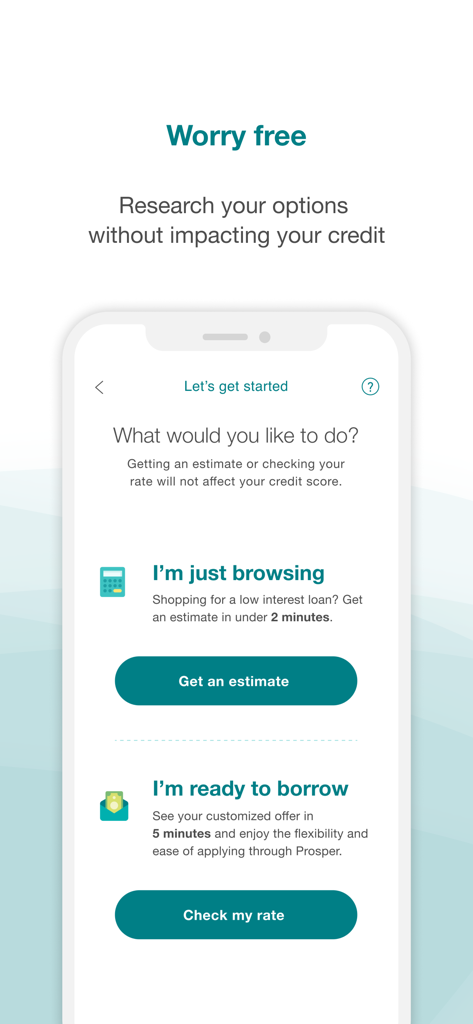 Prosper app interface showing loan estimate options with no credit score impact