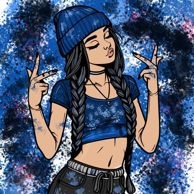 realistic teenage girl with braids and a beanie and crop top doing 🫶🏼