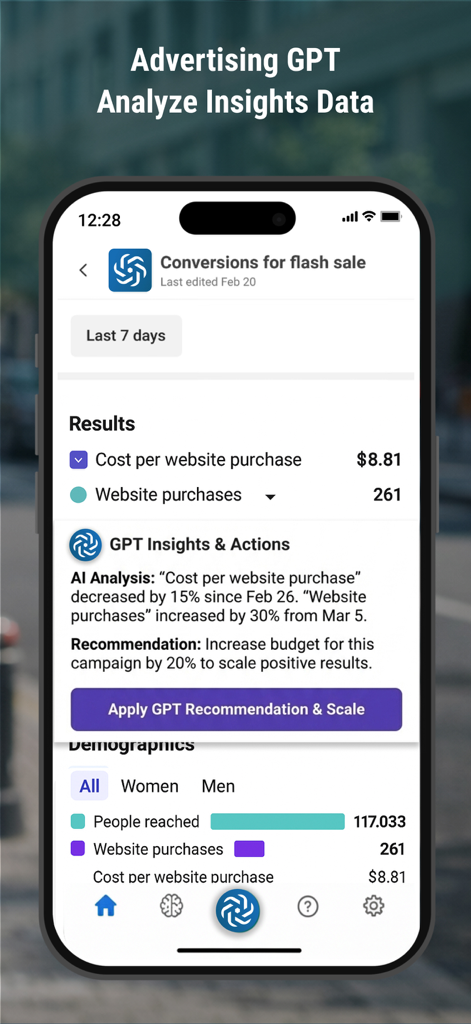 Advertising GPT Business - Interfaz de la aplicación Negocio GPT de Publicidad que muestra información de anuncios y análisis de rendimiento impulsados por IA