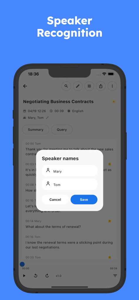 SoundType AI - Voice To Text - SoundType AI app screen showing the speaker recognition feature for voice to text transcription with a list of speaker names