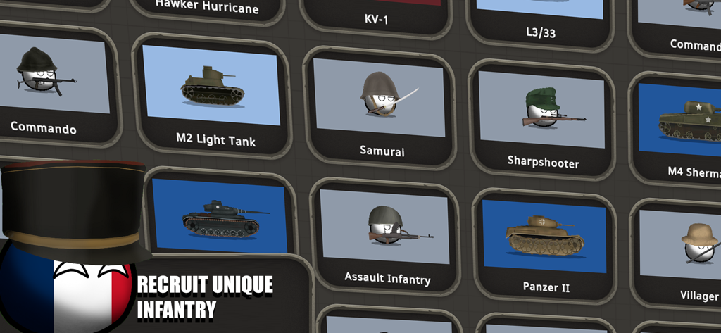 Countryball: World 1930 - A menu showing various recruitable military units including infantry and tanks with countryball characters
