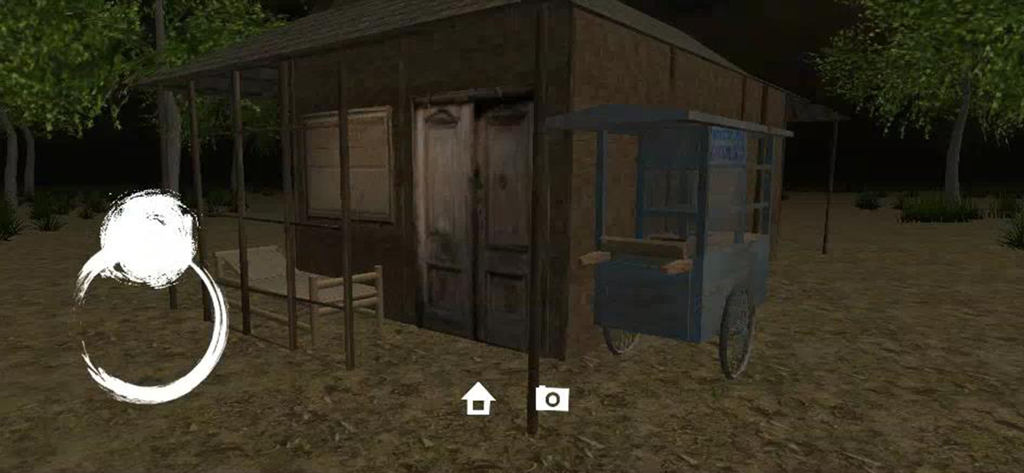 The Mystery of Meraung Village - Una escena de juego nocturna y oscura del juego de terror independiente El Misterio de la Aldea Meraung que muestra una rústica cabaña de madera y un carrito de comida azul.