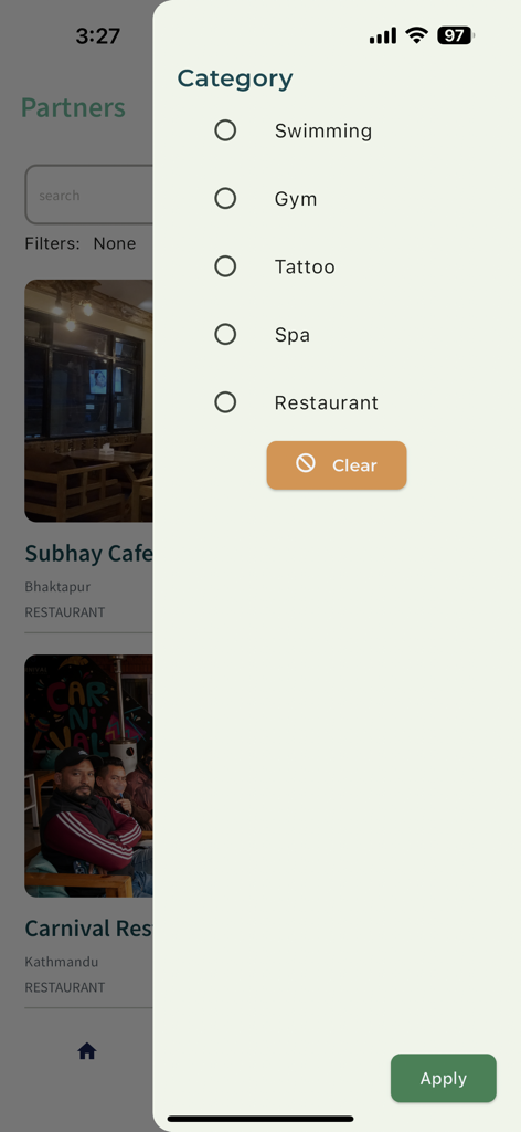 Dami Experience - Menu de filtro de categoria na aplicação Dami Experience listando serviços como spa e restaurante