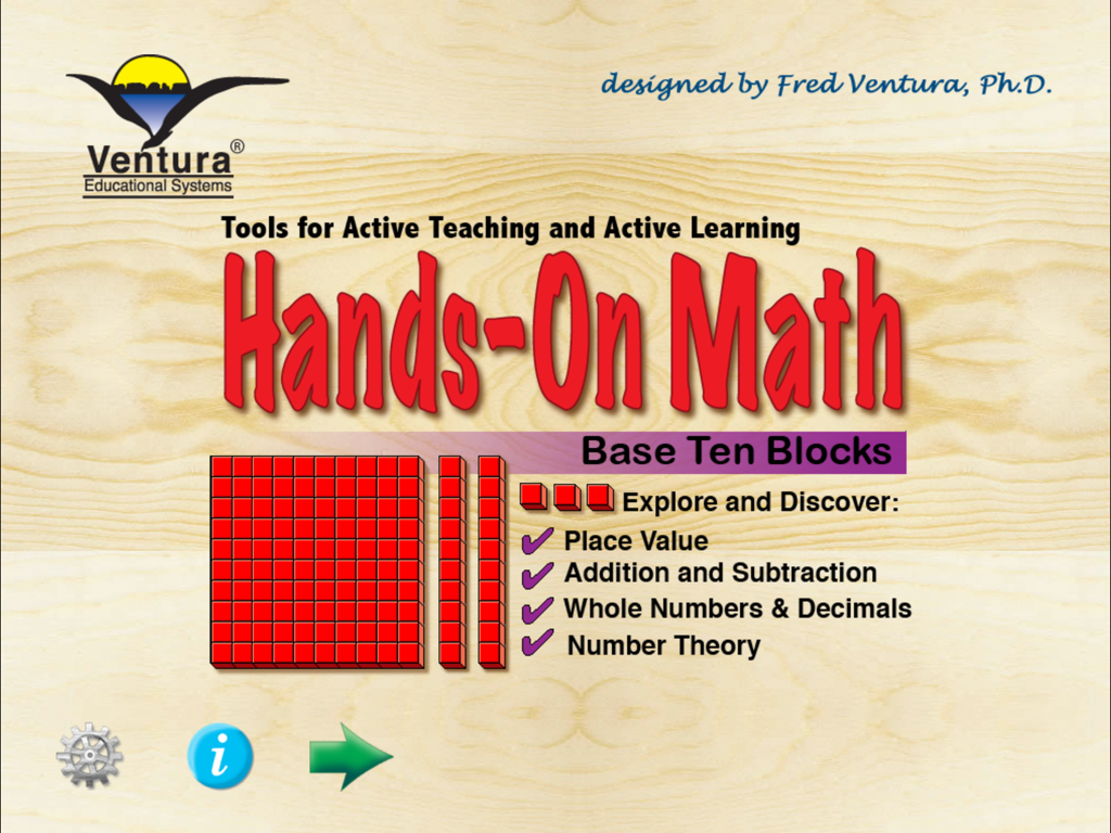 Base Ten Blocks ES - Pantalla de título de la aplicación educativa Hands-On Math Base Ten Blocks para iPad que muestra varios temas de aprendizaje de matemáticas.