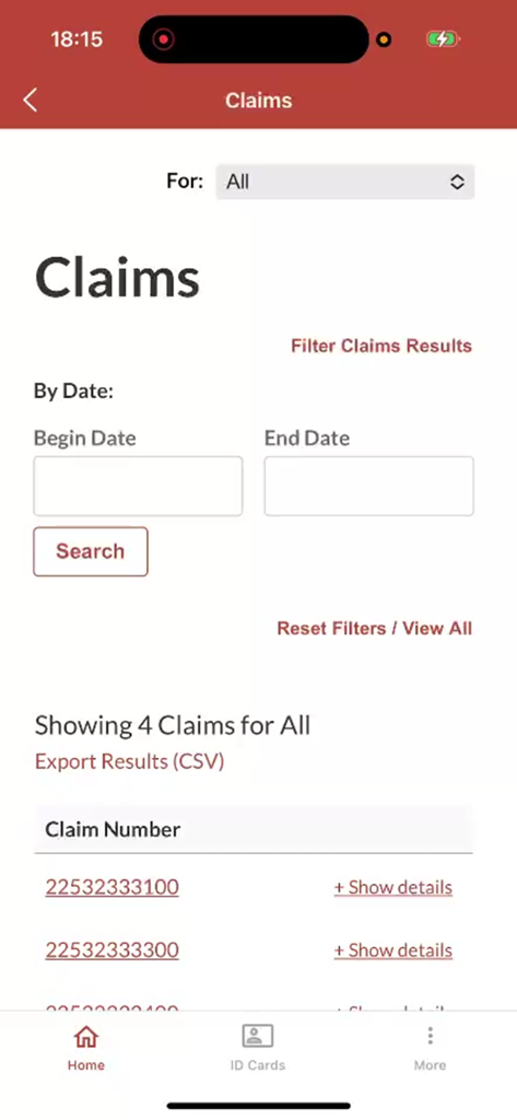 MyNova - MyNova app claims history screen showing search filters by date and a list of medical claim numbers.