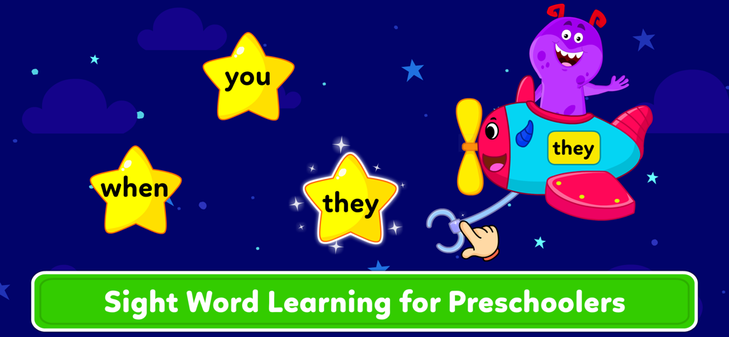Interfaccia di app educativa che mostra un mostro viola in un aeroplano che raccoglie stelle con parole visive come 'they' e 'when'