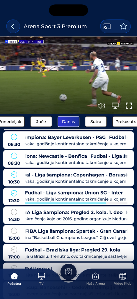 Arena Cloud App-Oberfläche, die ein Live-Fußballspiel auf Arena Sport 3 Premium und einen täglichen Fernsehplan für Sportereignisse zeigt.