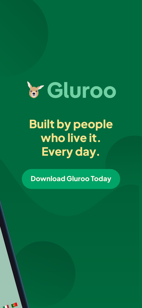 Gluroo Diabetes Logger - Werbebanner für die Gluroo Diabetes Logger App mit Download-Schaltfläche und dem Slogan Entwickelt von Menschen, die es jeden Tag erleben