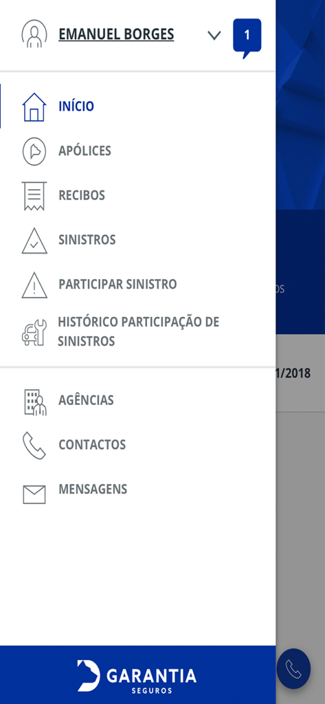 Sidebar menu of GarantiaMobile app for managing insurance policies and claims