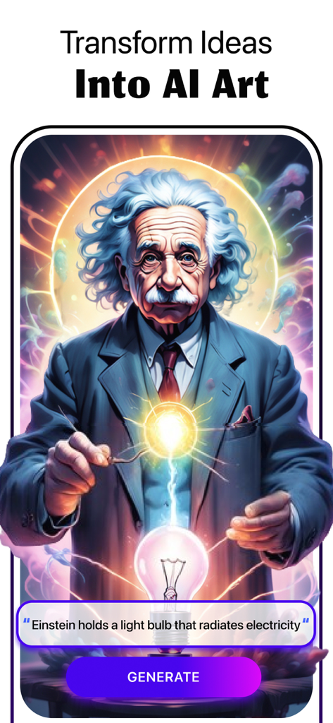 Sabai Artアプリで、光る電球を持つアルバート・アインシュタインのAI生成画像