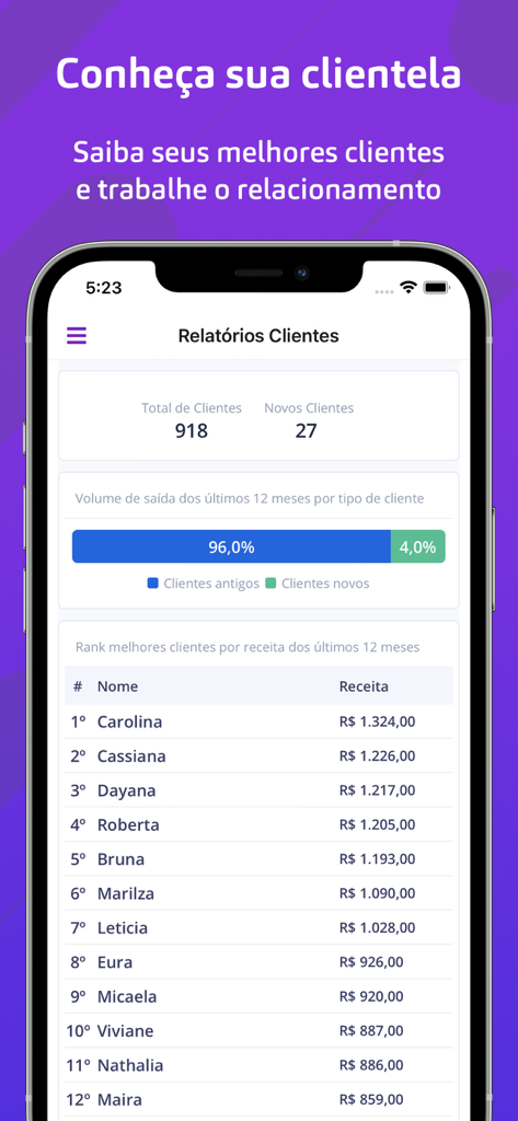 Écran de rapport client dans l'application Mon Agenda montrant un classement des meilleurs clients par chiffre d'affaires et statistiques de fidélisation